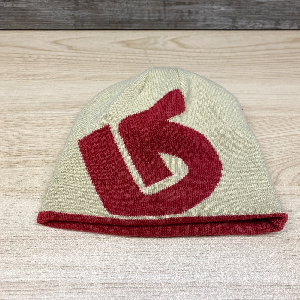 Burton Hat Cap Beanie Red Beige Logo Snowboarding Winter Ski Outdoor Sport Knit